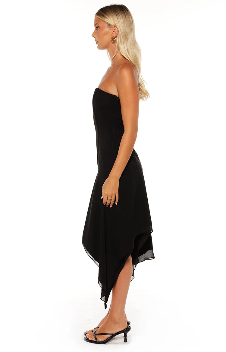 Jannah Black Strapless Hanky Hem Midi Dress - PRE ORDER