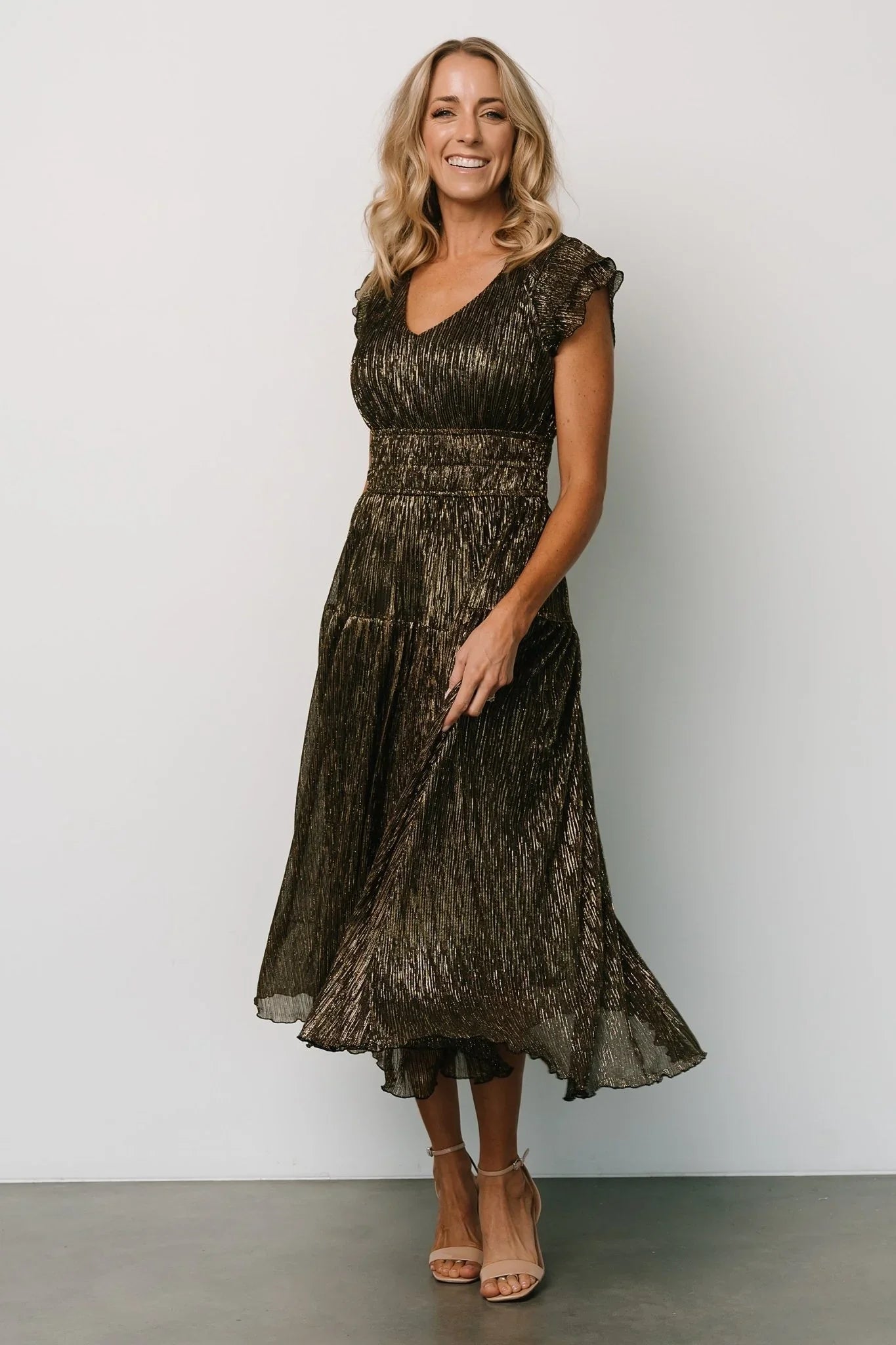 Miley Pleated Shimmer Dress | Gold