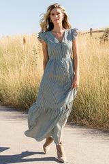 Hettie Button Maxi Dress | Green Stripe