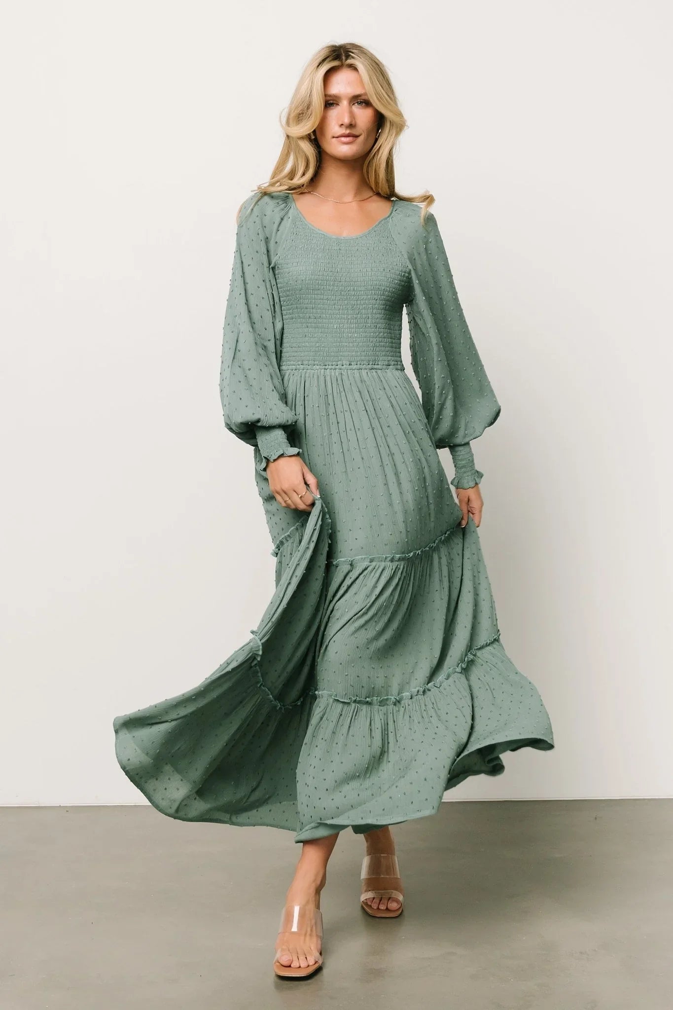 Bayley Smocked Dotted Maxi Dress | Dark Eucalyptus