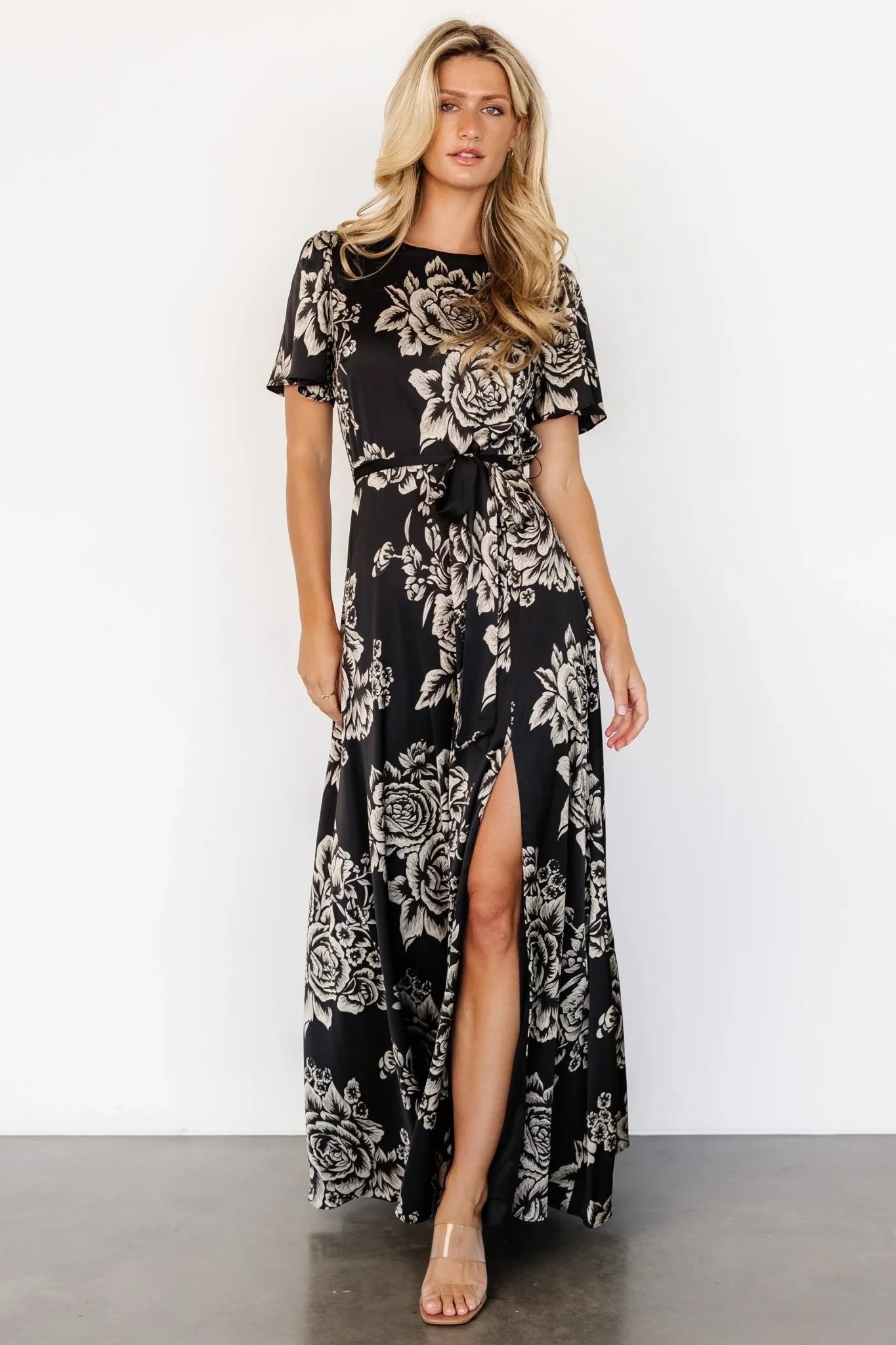 Agnes Satin Maxi Dress | Black + Cream Floral