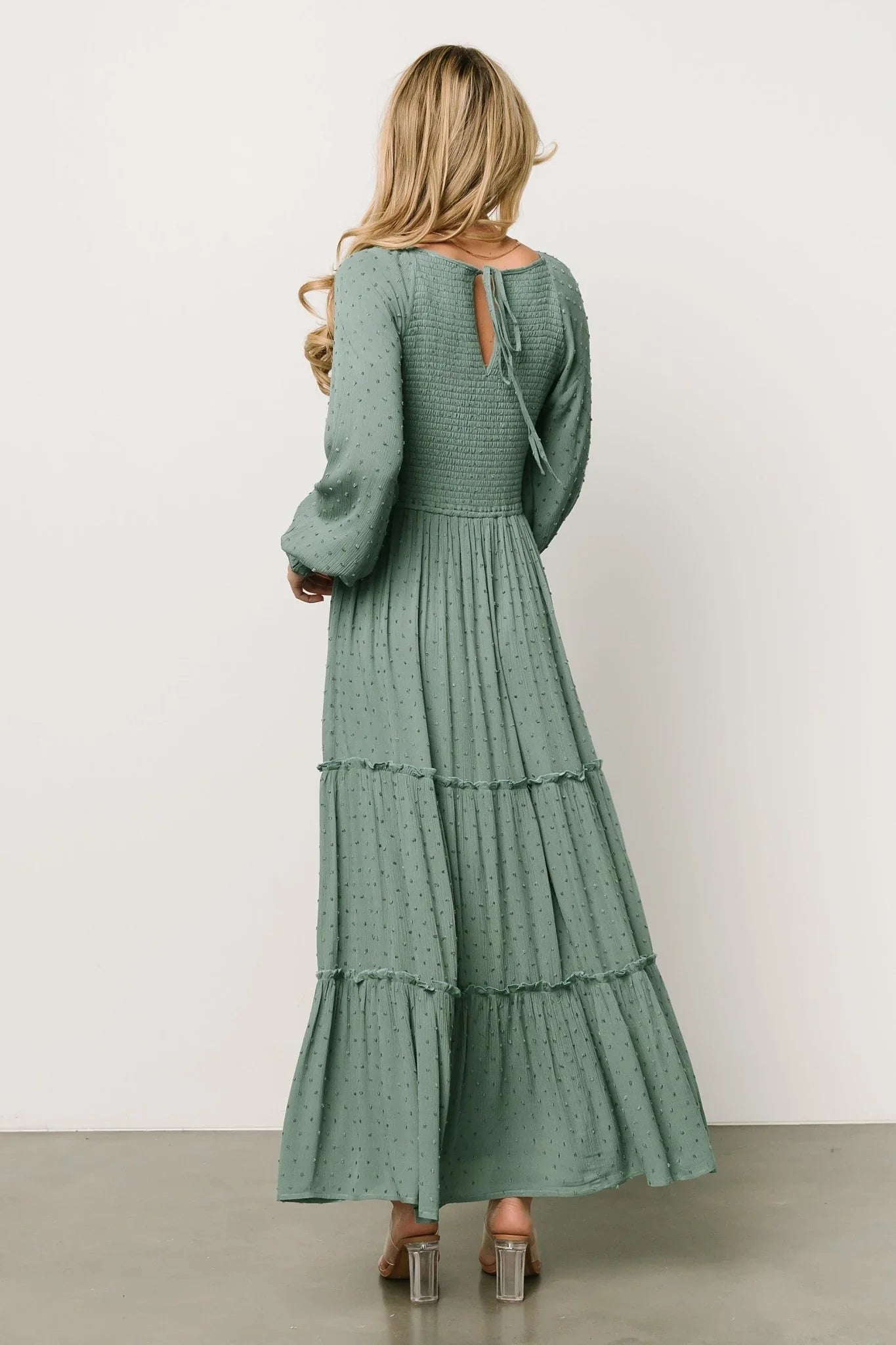 Bayley Smocked Dotted Maxi Dress | Dark Eucalyptus