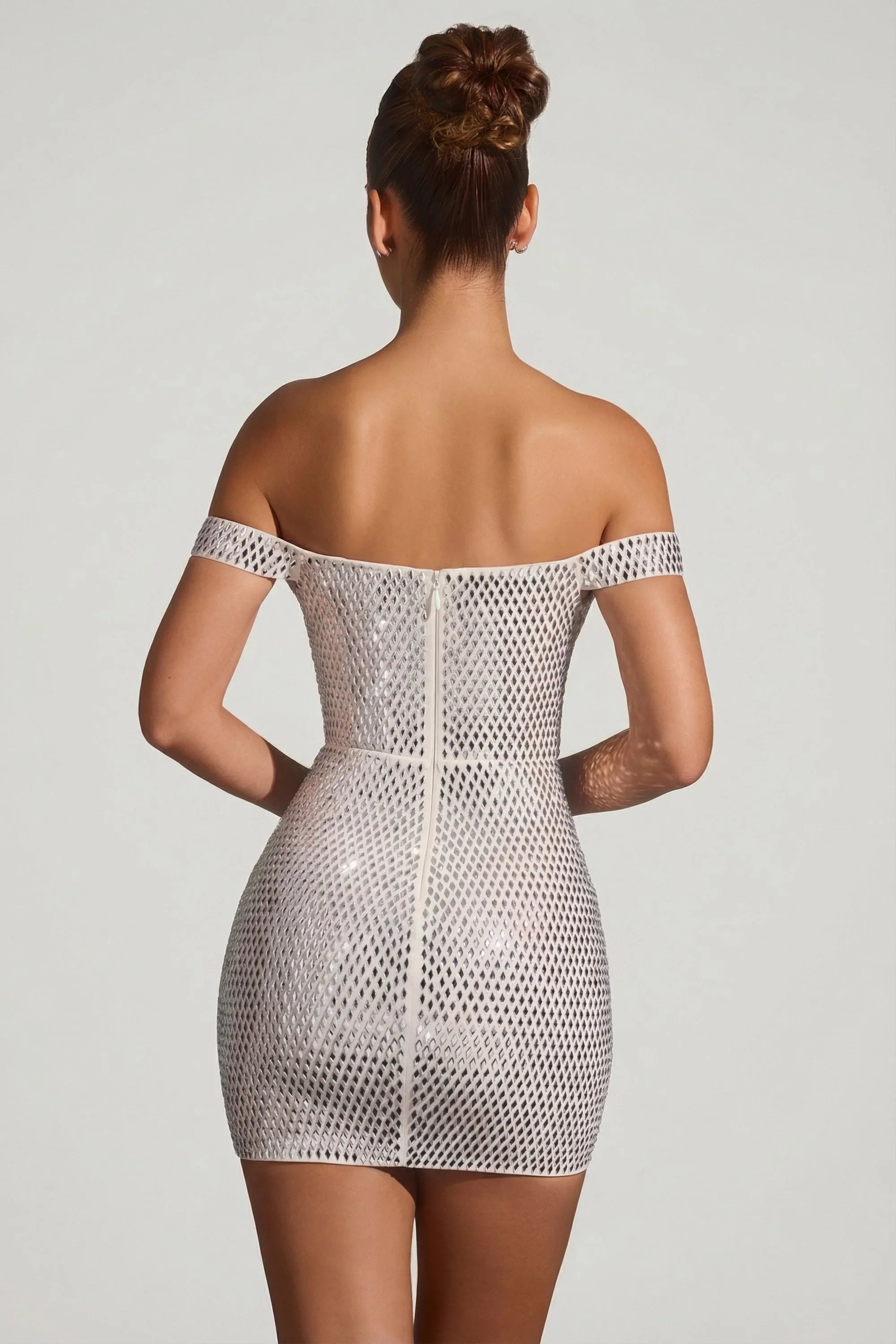 Embellished Off-Shoulder Mini Dress in White